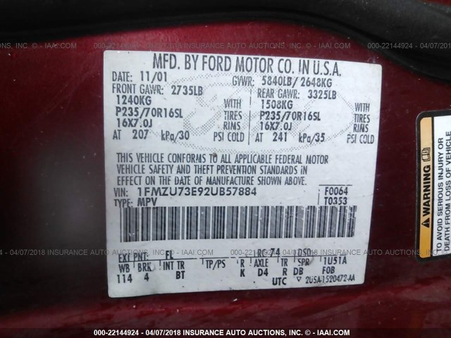 1FMZU73E92UB57884 - 2002 FORD EXPLORER XLT RED photo 9