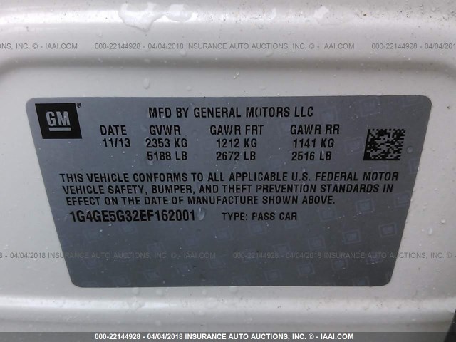 1G4GE5G32EF162001 - 2014 BUICK LACROSSE PREMIUM WHITE photo 9