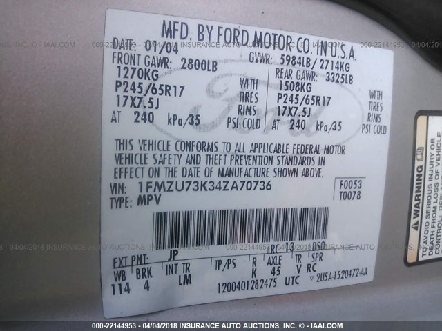 1FMZU73K34ZA70736 - 2004 FORD EXPLORER XLT/XLT SPORT/NBX 银色 照片 9