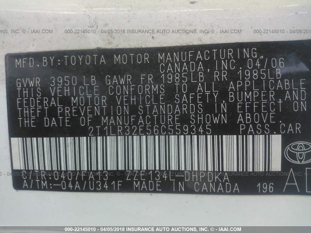 2T1LR32E56C559345 - 2006 TOYOTA COROLLA MATRIX XR WHITE photo 9