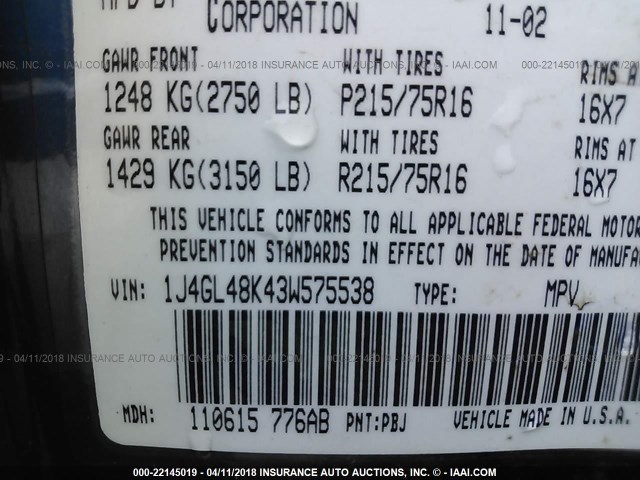 1J4GL48K43W575538 - 2003 JEEP LIBERTY SPORT/FREEDOM ლურჯი ფოტო 9