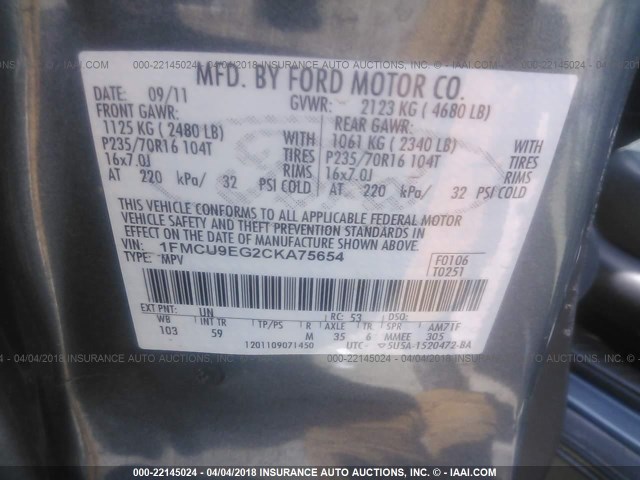 1FMCU9EG2CKA75654 - 2012 FORD ESCAPE LIMITED BLUE photo 9