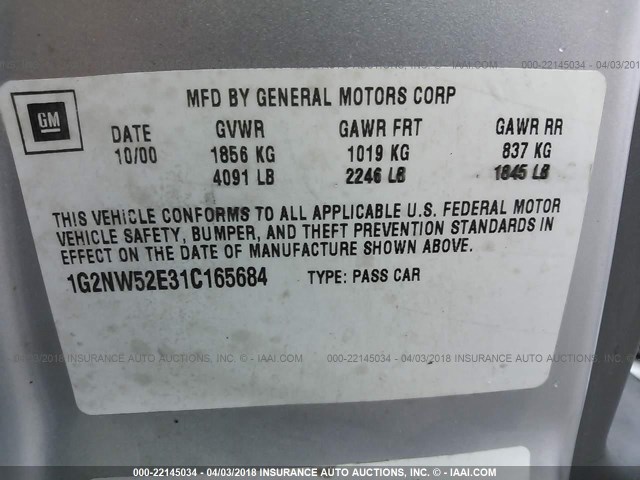 1G2NW52E31C165684 - 2001 PONTIAC GRAND AM GT GRAY photo 9