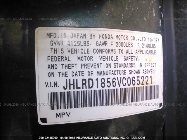 JHLRD1856VC065221 - 1997 HONDA CR-V LX GRAY photo 9