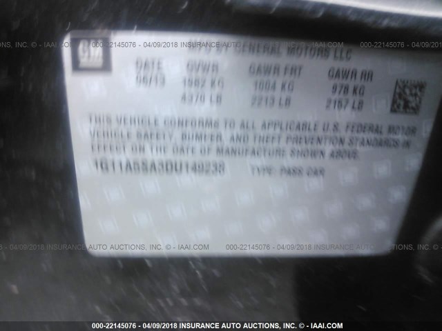1G11A5SA3DU149238 - 2013 CHEVROLET MALIBU LS შავი ფოტო 9