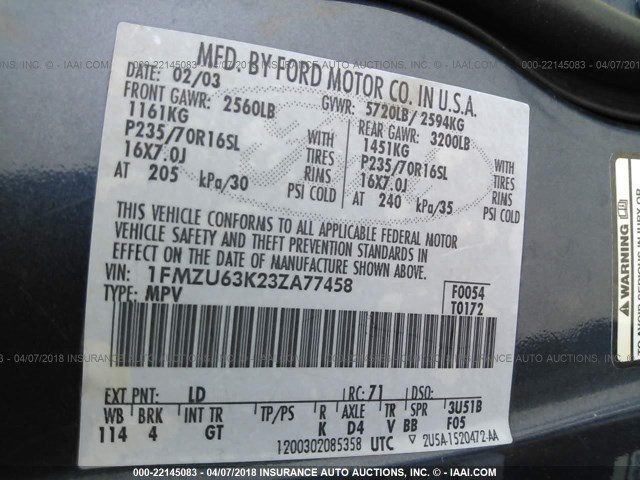 1FMZU63K23ZA77458 - 2003 FORD EXPLORER XLT/XLT SPORT/NBX 蓝色 照片 9