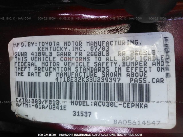 4T1BE32K33U239397 - 2003 TOYOTA CAMRY LE/XLE/SE RED photo 9