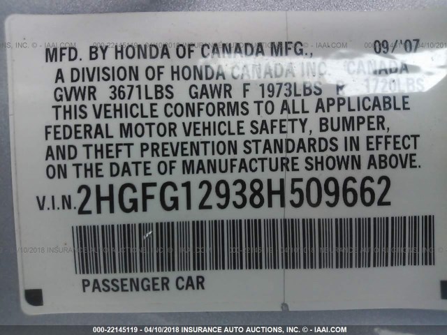 2HGFG12938H509662 - 2008 HONDA CIVIC EXL ვერცხლისფერი ფოტო 9