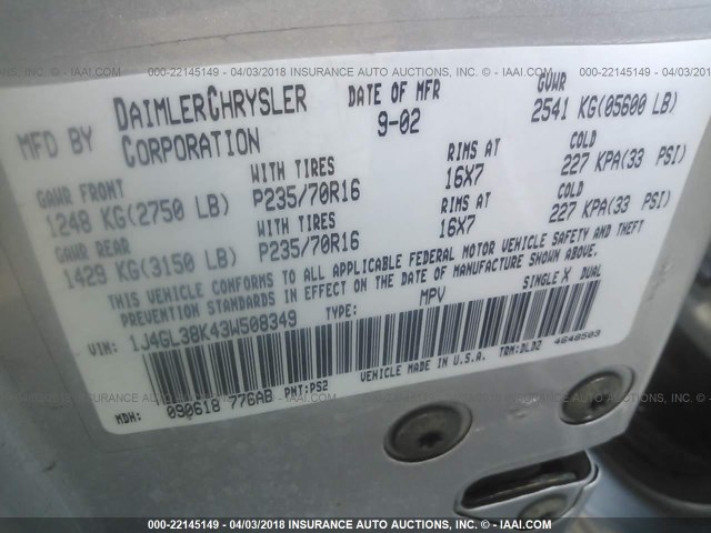 1J4GL38K43W508349 - 2003 JEEP LIBERTY RENEGADE SILVER photo 9