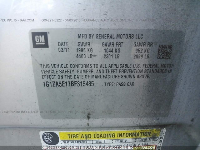 1G1ZA5E17BF315485 - 2011 CHEVROLET MALIBU LS 银色 照片 9