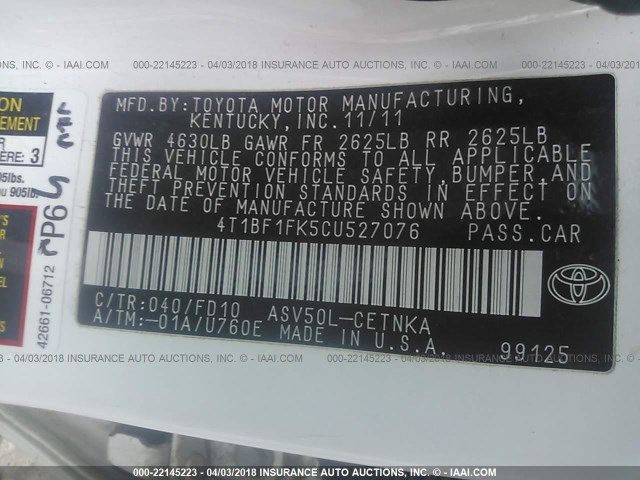 4T1BF1FK5CU527076 - 2012 TOYOTA CAMRY SE/LE/XLE თეთრი ფოტო 9