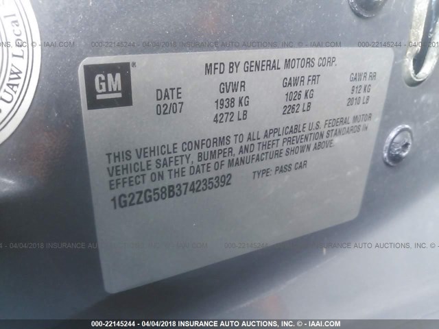 1G2ZG58B374235392 - 2007 PONTIAC G6 SE GRAY photo 9