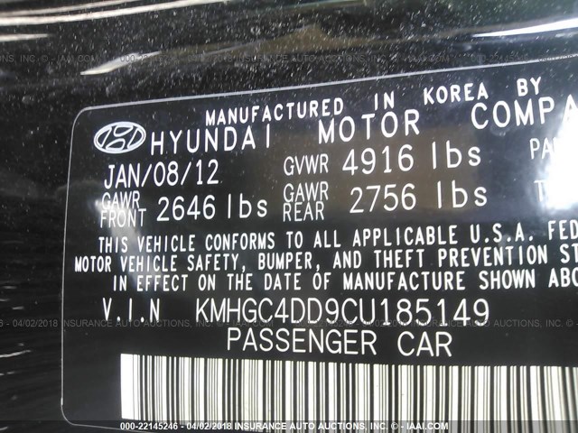 KMHGC4DD9CU185149 - 2012 HYUNDAI GENESIS 3.8L BLACK photo 9