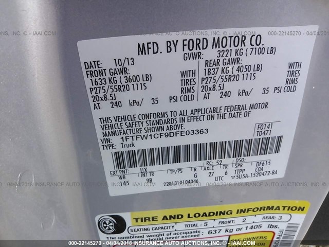 1FTFW1CF9DFE03363 - 2013 FORD F150 SUPERCREW SILVER photo 9