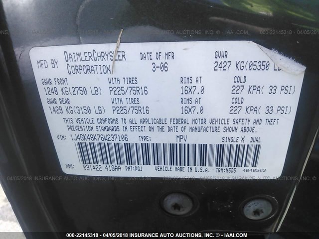 1J4GK48K76W237106 - 2006 JEEP LIBERTY SPORT Yaşıl foto 9