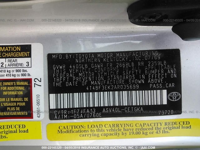 4T4BF3EK2AR035699 - 2010 TOYOTA CAMRY SE/LE/XLE SILVER photo 9