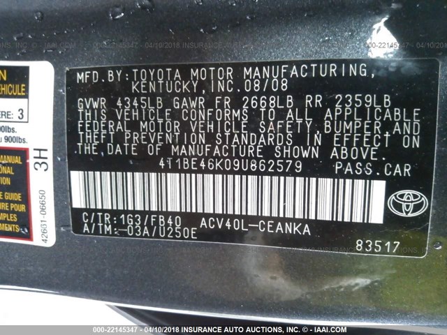 4T1BE46K09U862579 - 2009 TOYOTA CAMRY SE/LE/XLE GRAY photo 9