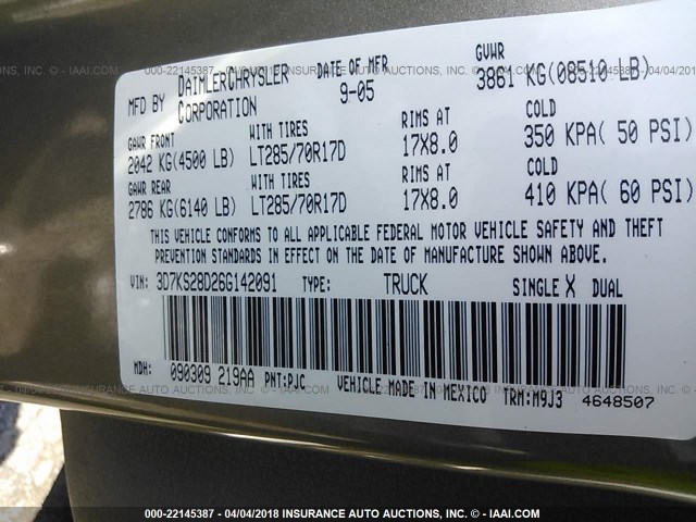 3D7KS28D26G142091 - 2006 DODGE RAM 2500 ST/SLT 金色 照片 9