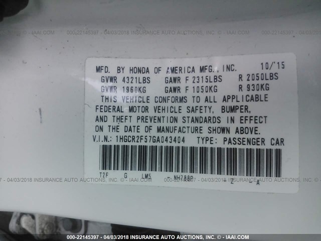 1HGCR2F57GA043404 - 2016 HONDA ACCORD SPORT თეთრი ფოტო 9
