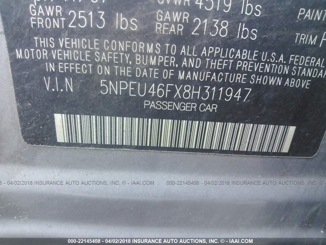 5NPEU46FX8H311947 - 2008 HYUNDAI SONATA SE/LIMITED GRAY photo 9