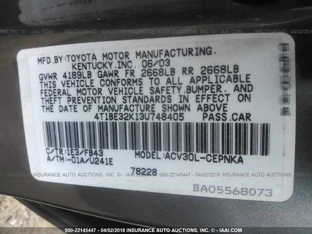 4T1BE32K13U748405 - 2003 TOYOTA CAMRY LE/XLE/SE 灰色 照片 9