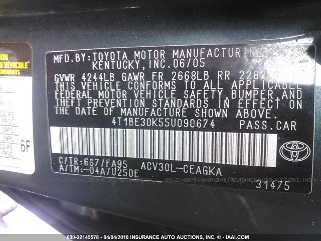 4T1BE30K55U090674 - 2005 TOYOTA CAMRY LE/XLE/SE 绿色 照片 9