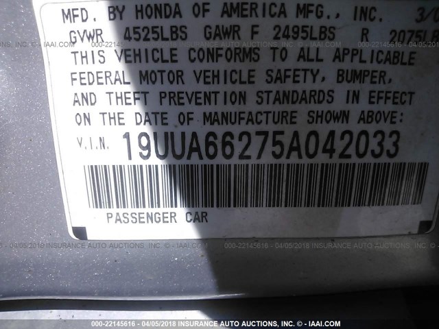 19UUA66275A042033 - 2005 ACURA TL SILVER photo 9