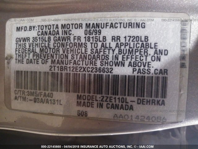 2T1BR12E2XC236632 - 1999 TOYOTA COROLLA VE/CE/LE 黑色 照片 9