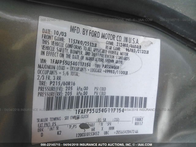 1FAFP55U54G117154 - 2004 FORD TAURUS SES GRAY photo 9