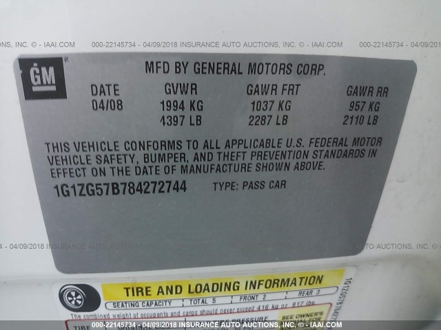 1G1ZG57B784272744 - 2008 CHEVROLET MALIBU LS 白色 照片 9