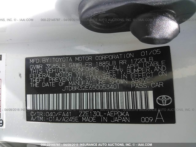 JTDBR32E650053401 - 2005 TOYOTA COROLLA CE/LE WHITE photo 9