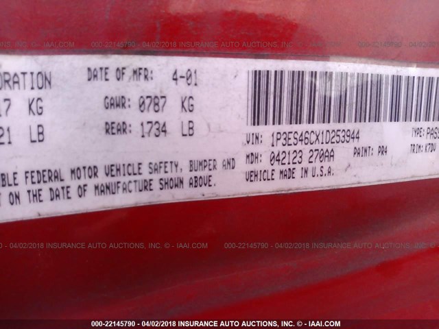1P3ES46CX1D253944 - 2001 PLYMOUTH NEON LX RED photo 9