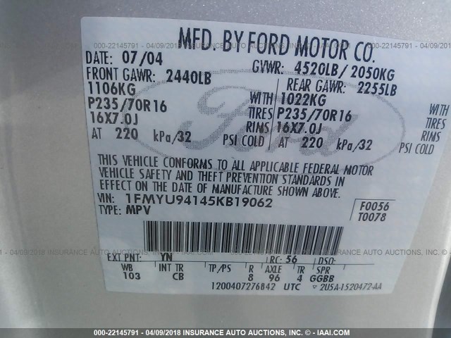 1FMYU94145KB19062 - 2005 FORD ESCAPE LIMITED SILVER photo 9