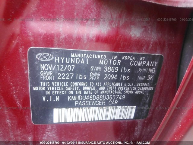 KMHDU46D88U363749 - 2008 HYUNDAI ELANTRA GLS/SE/LIMITED RED photo 9