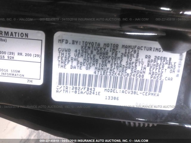 4T1BE32K42U024500 - 2002 TOYOTA CAMRY LE/XLE/SE BLACK photo 9