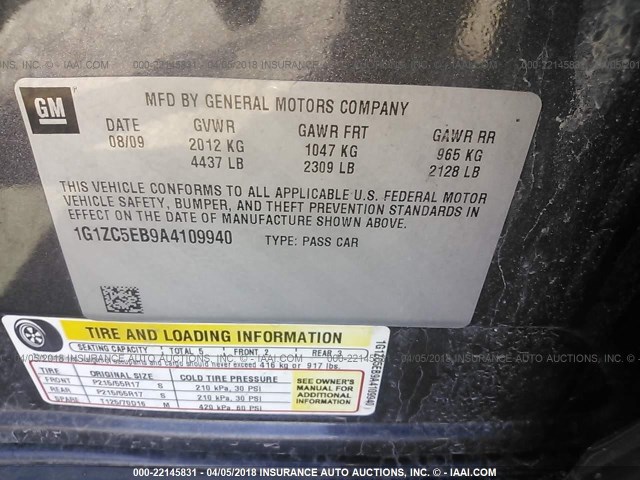 1G1ZC5EB9A4109940 - 2010 CHEVROLET MALIBU 1LT 灰色 照片 9