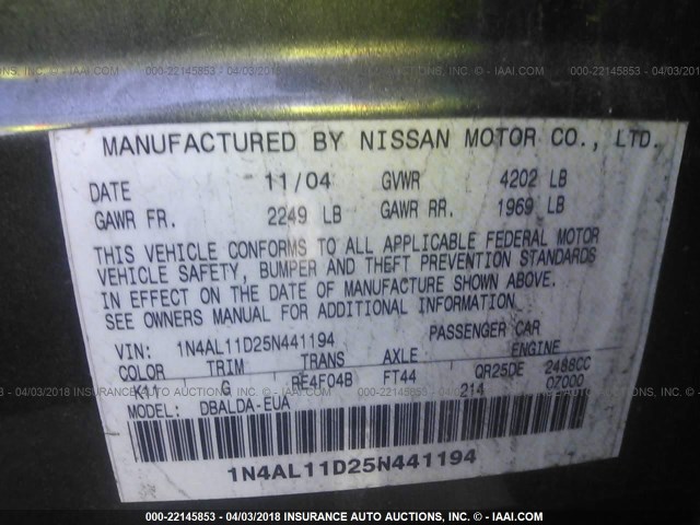 1N4AL11D25N441194 - 2005 NISSAN ALTIMA S/SL GRAY photo 9