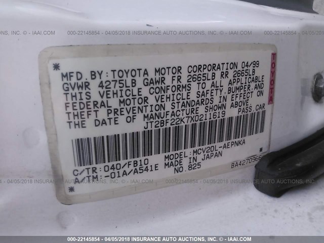 JT2BF22K7X0211619 - 1999 TOYOTA CAMRY LE/XLE Սպիտակ լուսանկար 9