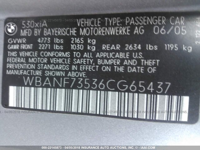 WBANF73536CG65437 - 2006 BMW 530 XI GRAY photo 9
