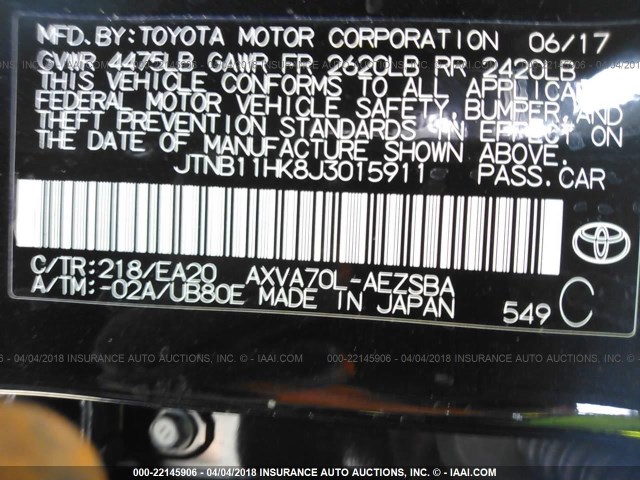 JTNB11HK8J3015911 - 2018 TOYOTA CAMRY L/LE/XLE/SE/XSE BLACK photo 9