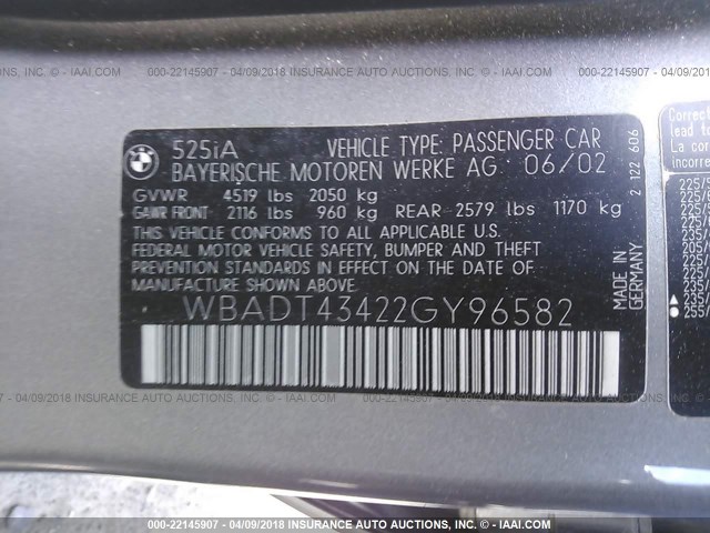 WBADT43422GY96582 - 2002 BMW 525 I AUTOMATIC 灰色 照片 9
