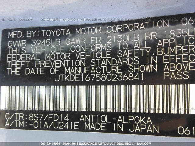 JTKDE167580236841 - 2008 TOYOTA SCION TC 蓝色 照片 9