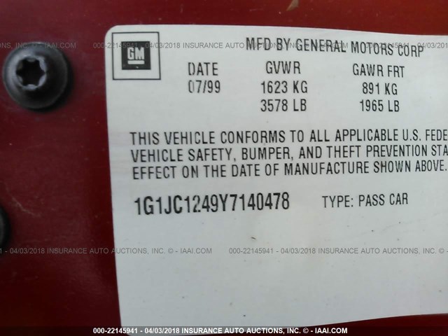 1G1JC1249Y7140478 - 2000 CHEVROLET CAVALIER RED photo 9