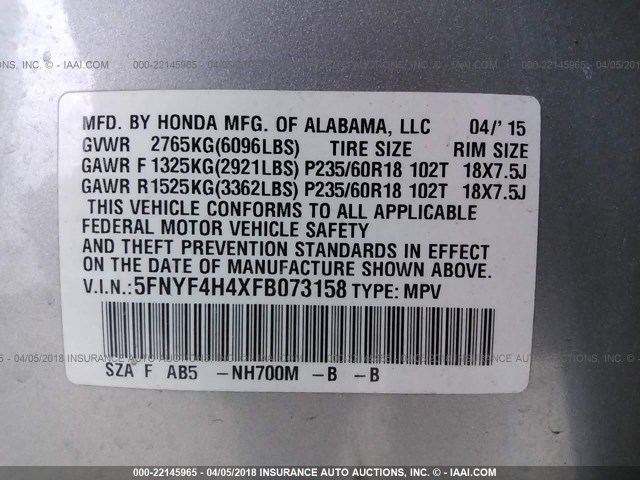 5FNYF4H4XFB073158 - 2015 HONDA PILOT EX SILVER photo 9