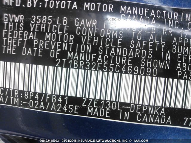 2T1BR32E55C469090 - 2005 TOYOTA COROLLA CE/LE/S BLUE photo 9