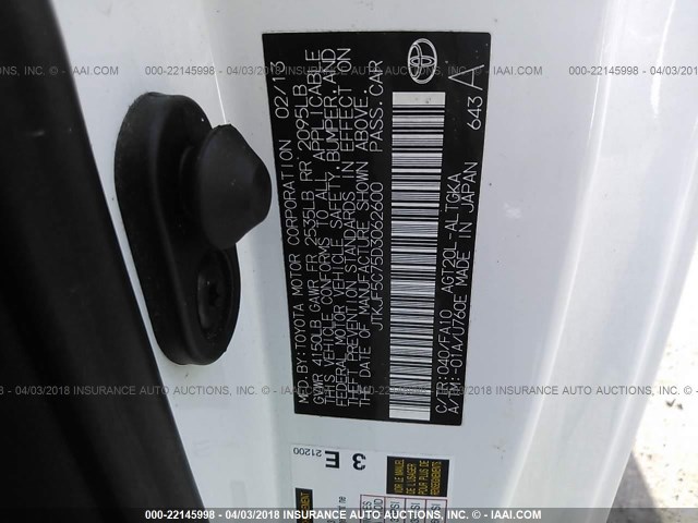 JTKJF5C75D3062600 - 2013 TOYOTA SCION TC 白色 照片 9