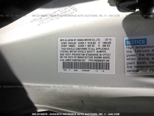 JHMZF1D68FS001337 - 2015 HONDA CR-Z EX WHITE photo 9