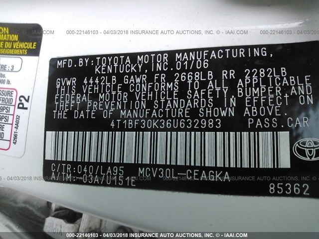 4T1BF30K36U632983 - 2006 TOYOTA CAMRY LE/XLE/SE WHITE photo 9