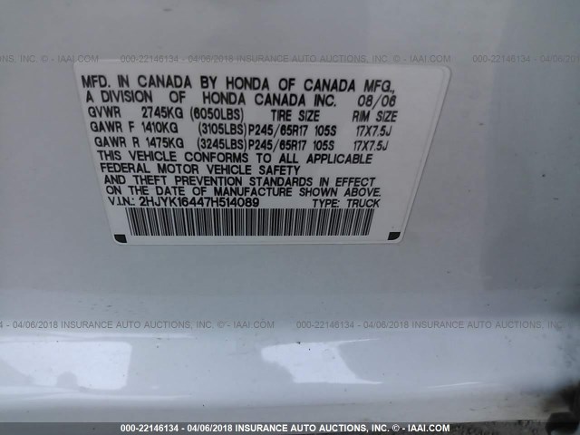 2HJYK16447H514089 - 2007 HONDA RIDGELINE RTS WHITE photo 9