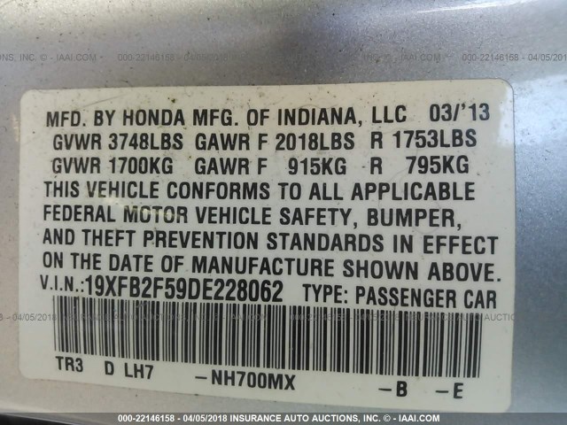 19XFB2F59DE228062 - 2013 HONDA CIVIC LX SILVER photo 9